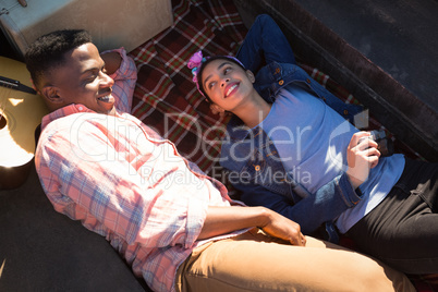 Couple interacting with each other in car