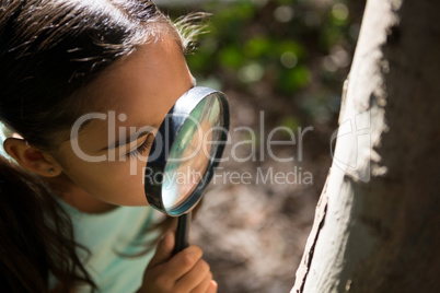 Little girl exploring nature through magnifying glass on a sunny day