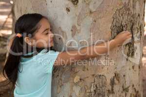 Happy little girl hugging tree trunk on a sunny day