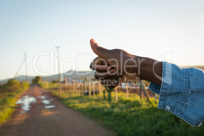 Hand hitchhiking on a sunny day