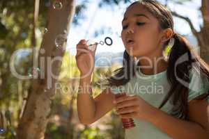 Little girl blowing bubbles on a sunny day