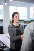 Female executive shaking hands with man