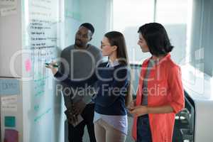 Male and female executives writing on whiteboard