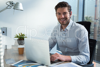 Male executive using laptop while looking at camera