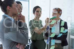 Group of executives discussing over sticky notes on the wall at office