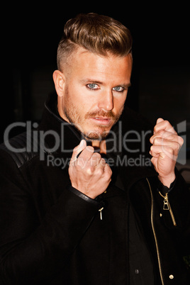 Portrait of a young man with blue eyes.