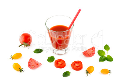 Fresh tomato juice and tomatoes isolated on white background. Fl