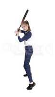 Woman swinging her bat in softball