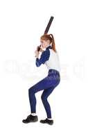 Woman swinging her bat in softball leg up