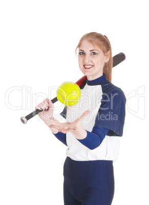 Woman catching the yellow softball
