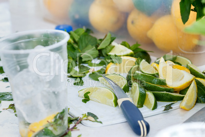 Fresh chopped ingredients for a refreshing cocktail with ice