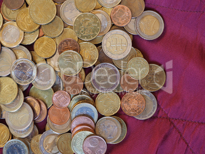 Euro coins, European Union over red velvet background