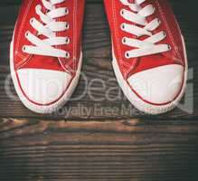 pair of red textile sneakers