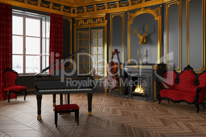 3d render of a classic room with grand piano