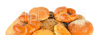 Bread and bakery products isolated on white background .