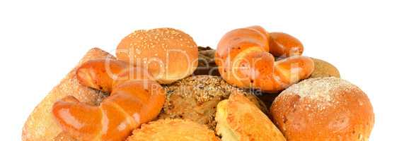 Bread and bakery products isolated on white background .