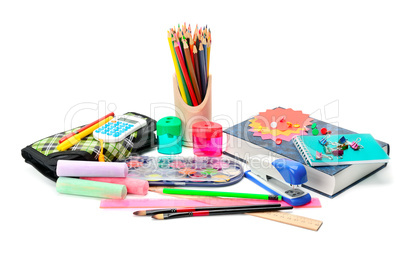 Collection of school supplies, isolated on white background.