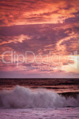 Beautiful sunset in Spain with big waves, Costa Brava