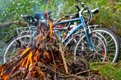 cyclists tourists made a fire, bike trip