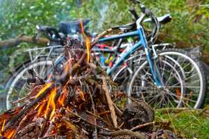 cyclists tourists made a fire, bike trip
