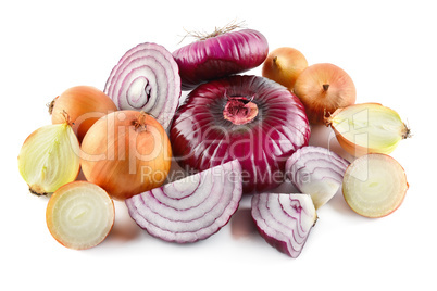 Red and gold onions isolated on white background.