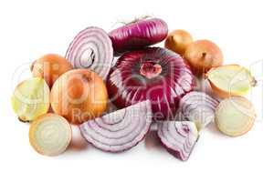 Red and gold onions isolated on white background.