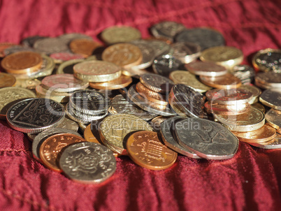 Pound coins, United Kingdom over red velvet background