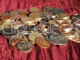 Pound coins, United Kingdom over red velvet background