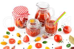 Tomato juice, ketchup and tomato isolated on white background