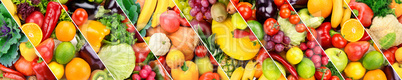 Collection fresh fruits and vegetables background. Collage. Wide