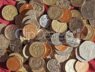 Pound coins, United Kingdom over red velvet background