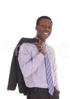 African man smiling with jacket over shoulder