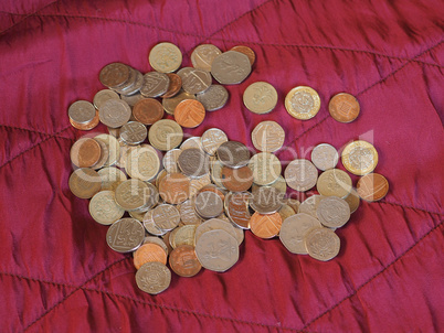 Pound coins, United Kingdom over red velvet background