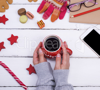 hot black coffee in a red mug ,