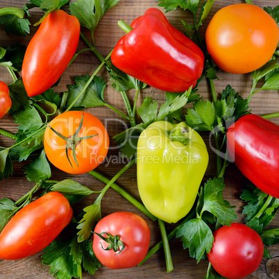 Vegetables on old wooden table. Flat lay, top view.