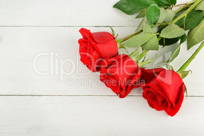 Beautiful red roses on a white wooden background. Flat lay, top