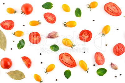 Tomatoes and spices isolated on white background.Flat lay, top v