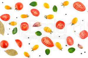 Tomatoes and spices isolated on white background.Flat lay, top v