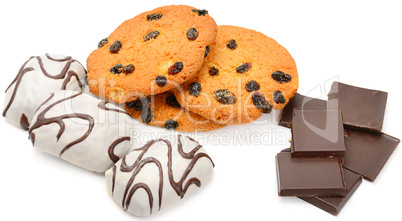 Cookies and chocolate isolated on white background.