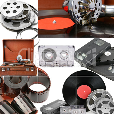 Collage of retro music and photo and video equipment. Gramophone