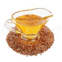 Flax seeds and oil isolated on white background.