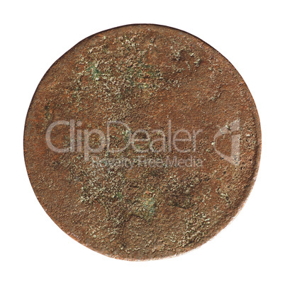 Ancient rusted coin isolated over white