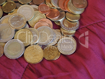 Euro coins, European Union over red velvet background