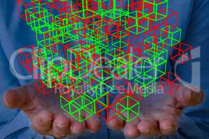 Hands hold virtual cubes