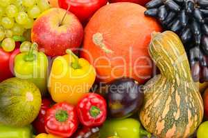 A set of fresh vegetables and fruits. Bright background.