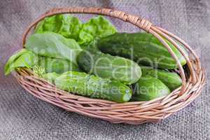 Basket of cucumbers on linen fabric.