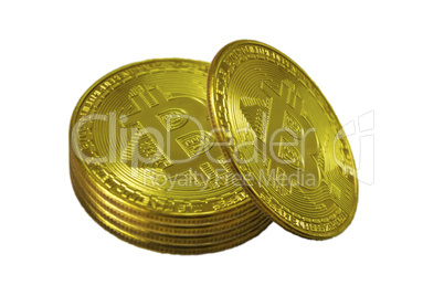 stack of gold coins of bitcoins, isolated on white background