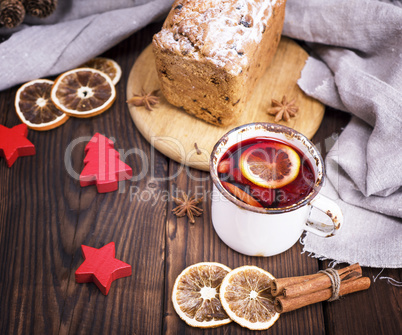 mulled wine in a white iron mug