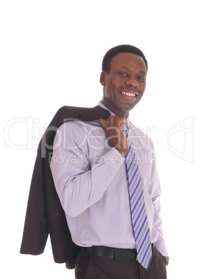 African man smiling with jacket over shoulder