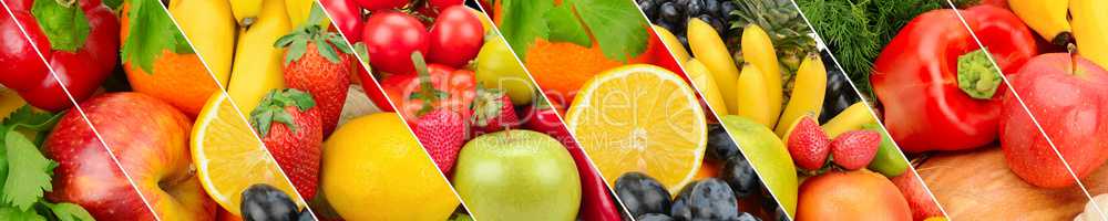 Collection fresh fruits and vegetables background. Collage. Wide